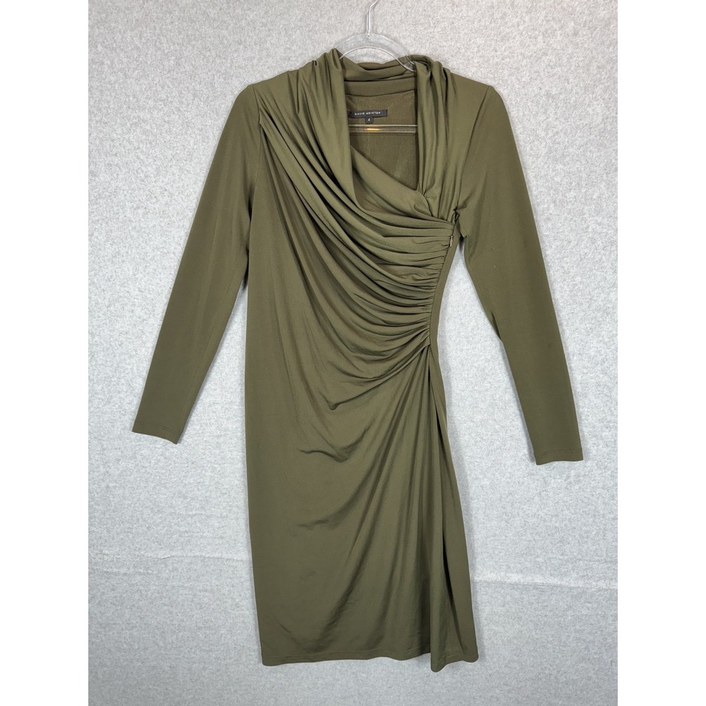 David Meister Dress Womens 4 Olive Green Ruched Long Sleeve Midi Cocktail USA